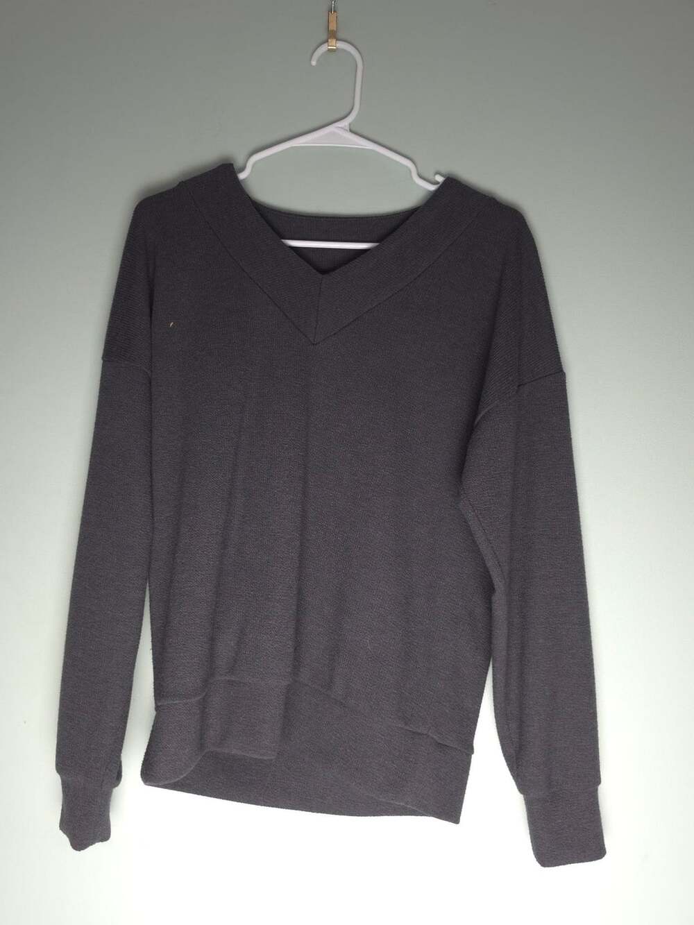 Cozycore Athleisure Felina V-Neck Long Sleeve Sweater Charcoal Gray Knit